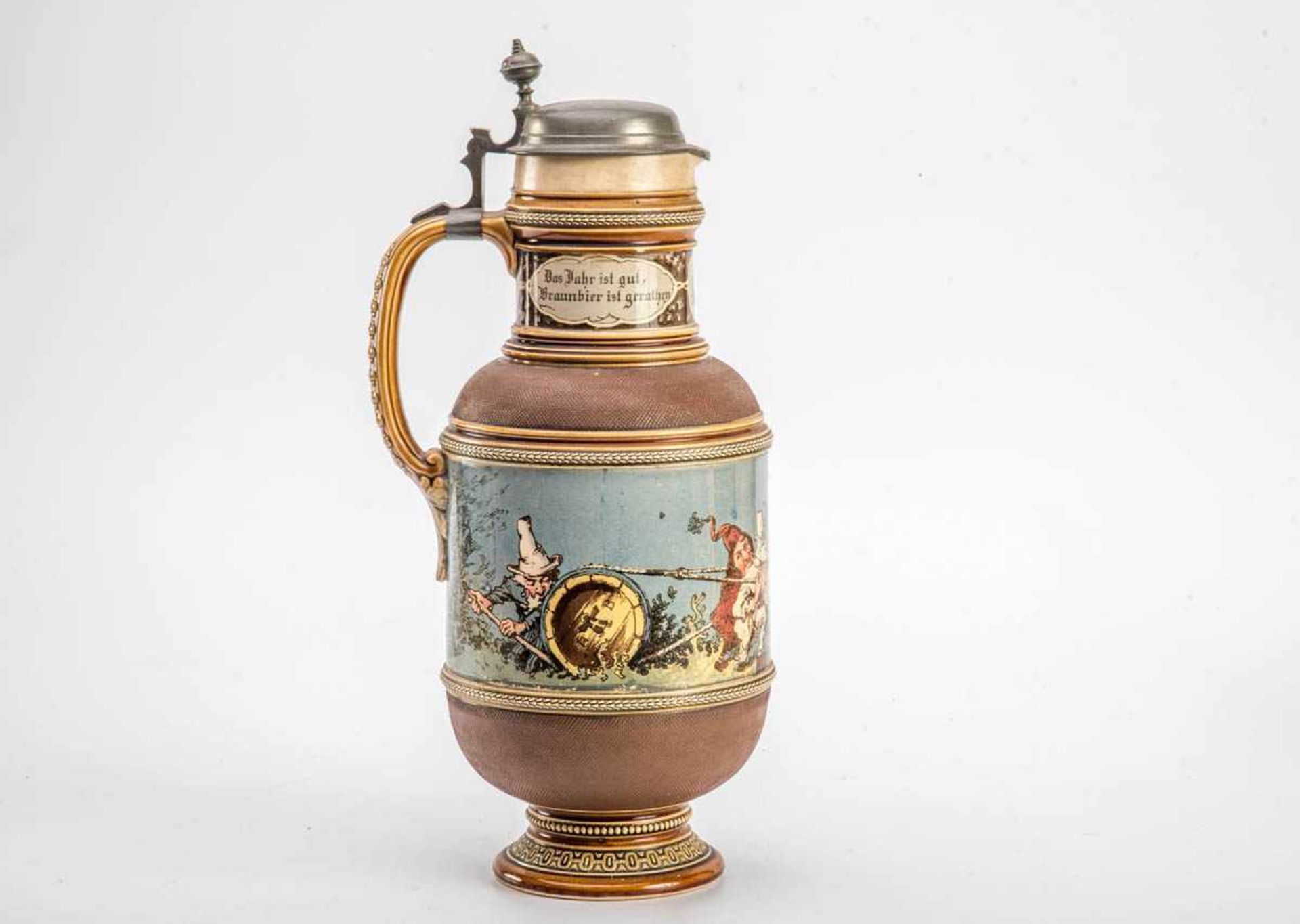 Bierkanne, Villeroy & Boch, Mettlach um 1900 Fayence. Runder Fuß. Korpus unten gebaucht, darüber - Bild 2 aus 3