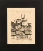 Zeichner um 1900 Quedlinburg - Dom und Schloß. Federzeichnung. Re.lu. Unleserl.sign. Li.u. bez. 21 x