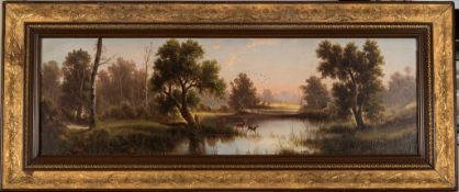 Zopf, Julius 1838 - 1897, Jagd- und Landschaftsmaler. Abendliche Landschaft mit fliehenden Rehen