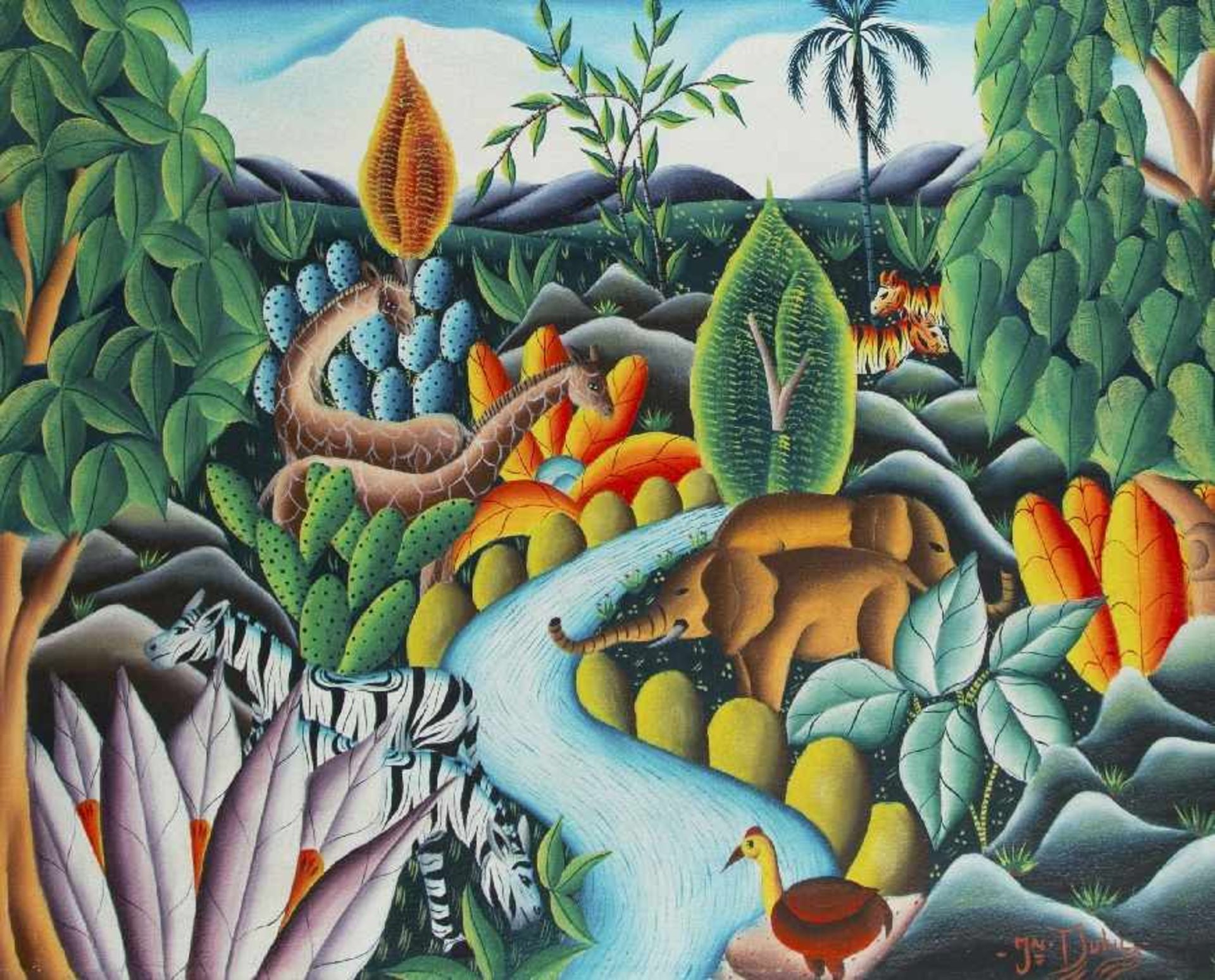 Jn. Dubic Haitianischer Naiver Maler der 2. H. d. 20. Jh. Paradiesische Landschaft Öl auf Lwd; H