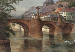 Carl Rüdell 1855 Trier - 1939 Köln Die alte Nahebrücke in Bad Kreuznach Aquarell und Gouache auf