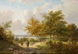 J. E. Morel Maler des 19. Jh. Spaziergänger am Ufer Öl auf Holz; H 25 cm, B 35 cm; signiert u. l. "