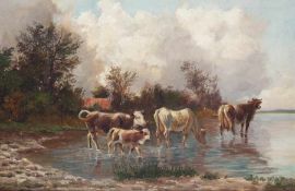 Hans Holzapfel 1884 - 1960 Kühe am Ufer Öl auf Lwd; H 48 cm, B 72 cm; signiert u. r. "Holzapfel"