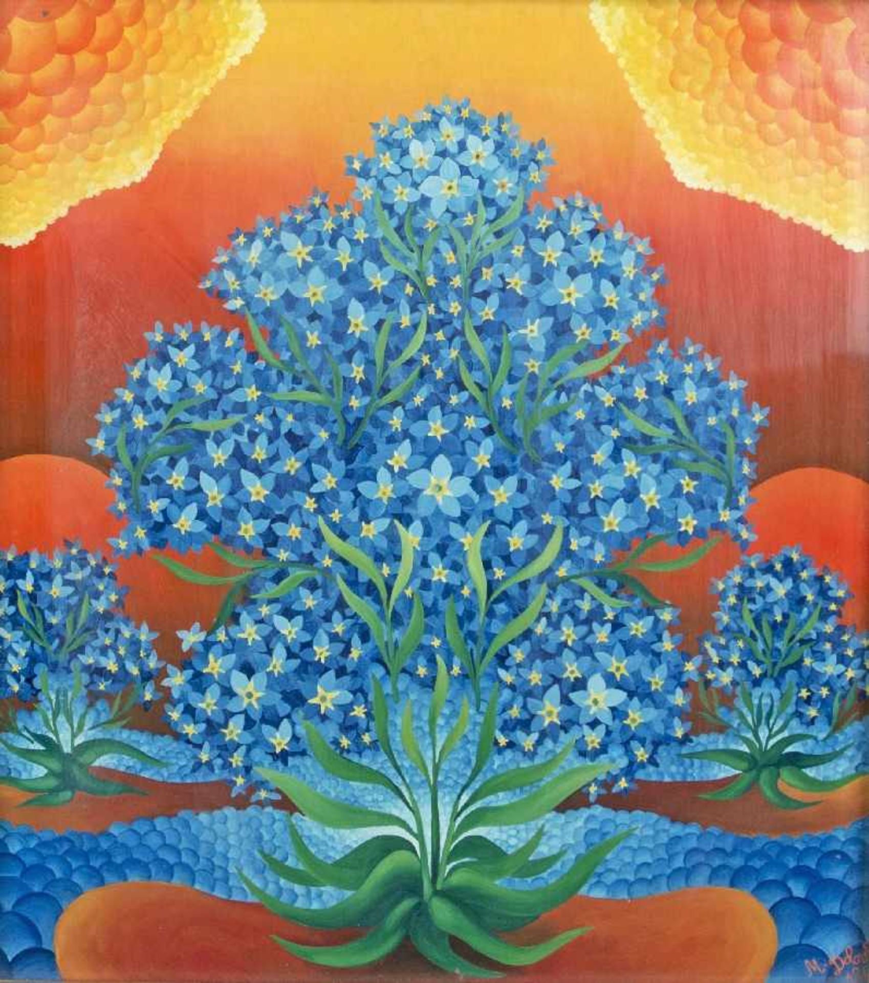 Mladen Dolovski 1932 Blaue Blumen Hinterglasmalerei; H 42 cm, B 38 cm; signiert Mladen Dolovski 1932