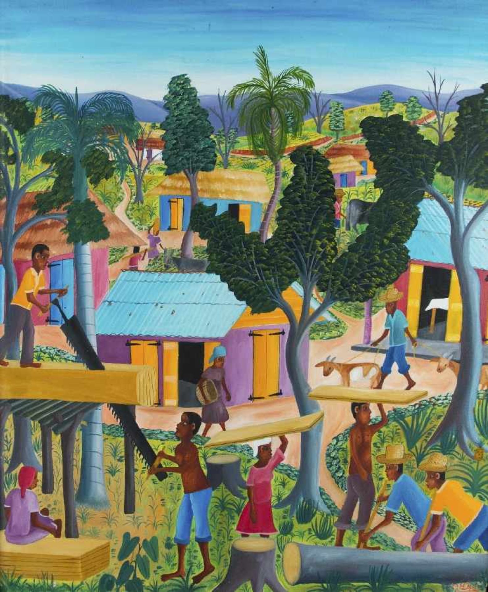 Auguste ? Haitianischer Naiver Maler der 2. H. d. 20. Jh. Das Sägewerk Öl auf Lwd; H 61 cm, B 50,5