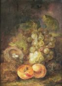 Maler des 19. Jh. Stilleben mit Obst, Insekten und Vogeleiern Öl auf Weißblech; H 32 cm, B 24 cm;