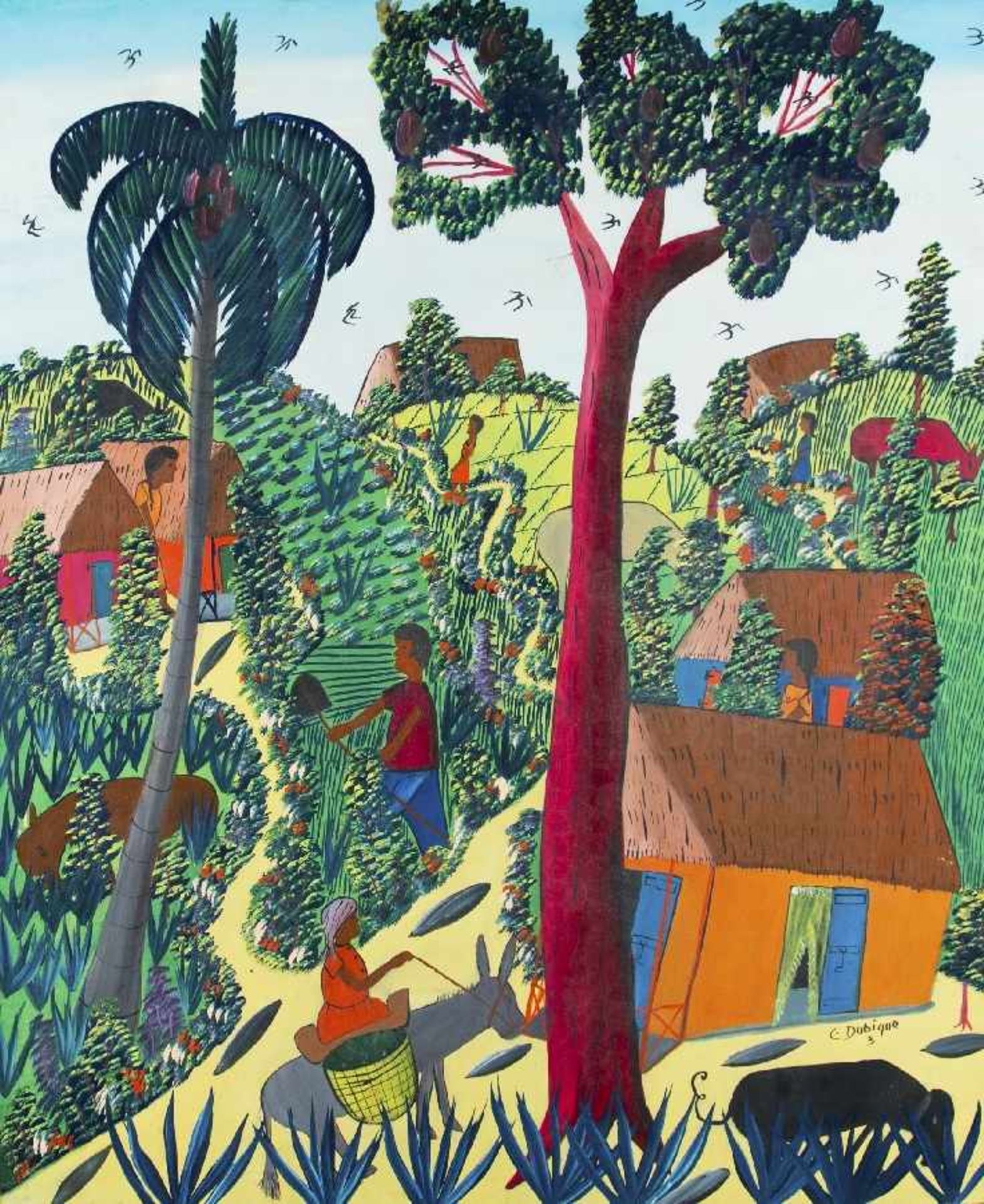 C. Dubique Haitianischer Naiver Maler der 2. H. d. 20. Jh. Hügelige Dorflandschaft Öl auf Hartfaser;