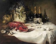 Simon van Gelderen 1905 - 1986 Champagnerfrühstück mit Hummer Öl auf Lwd; H 80,5 cm, B 100,5 cm;