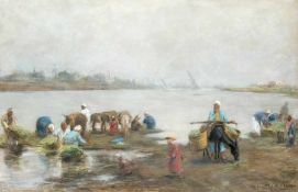 Alfons Leopold Mielich 1863 - 1929 Fellahs au bord du Nil Pastellkreide auf Ppaier über Lwd; H 480