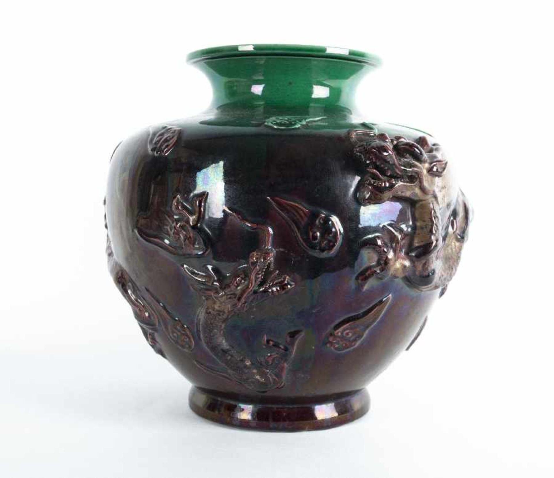 China Vase mit Drachenmotiv Keramik, weißlicher Scherben, farbig glasiert; H 30,5 cm, Dm 30,5 cm - Bild 2 aus 2