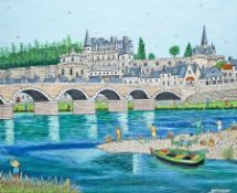 André Demonchy 1914 - 2003 Le Chateau de Amboise. Une belle partie de peche. Indre et Loire Öl auf