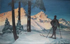 Maler um 1900 Abendliche Skifahrt in den Alpen Öl auf Tischlerplatte; H 100 cm, B 153,5 cm; u. l.