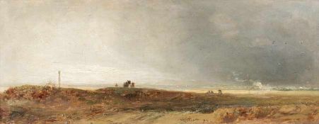 Wilhelm Schuch 1843 - 1918 Aufziehende Wolken über Küstenlandschaft Öl auf Holz; H 13 cm, B 33 cm;