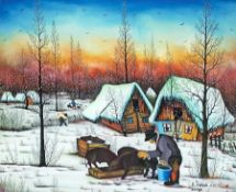 Martin Mehkek 1936 Svinje (Winter in der Podravina) Hinterglasmalerei, 1972; H 50 cm, B 60,5 cm;