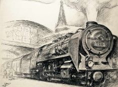 Hugo von Eicken 1912 - 1988 Lokomotive am Hauptbahnhof Kreide auf Papier; H 388 mm, B 513 mm (