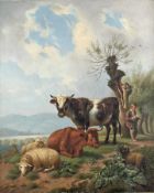 F. Simmler Maler des 19. Jh. Hirte bei seinem Vieh oberhalb des Sees Öl auf Lwd, doubliert; H 44 cm,