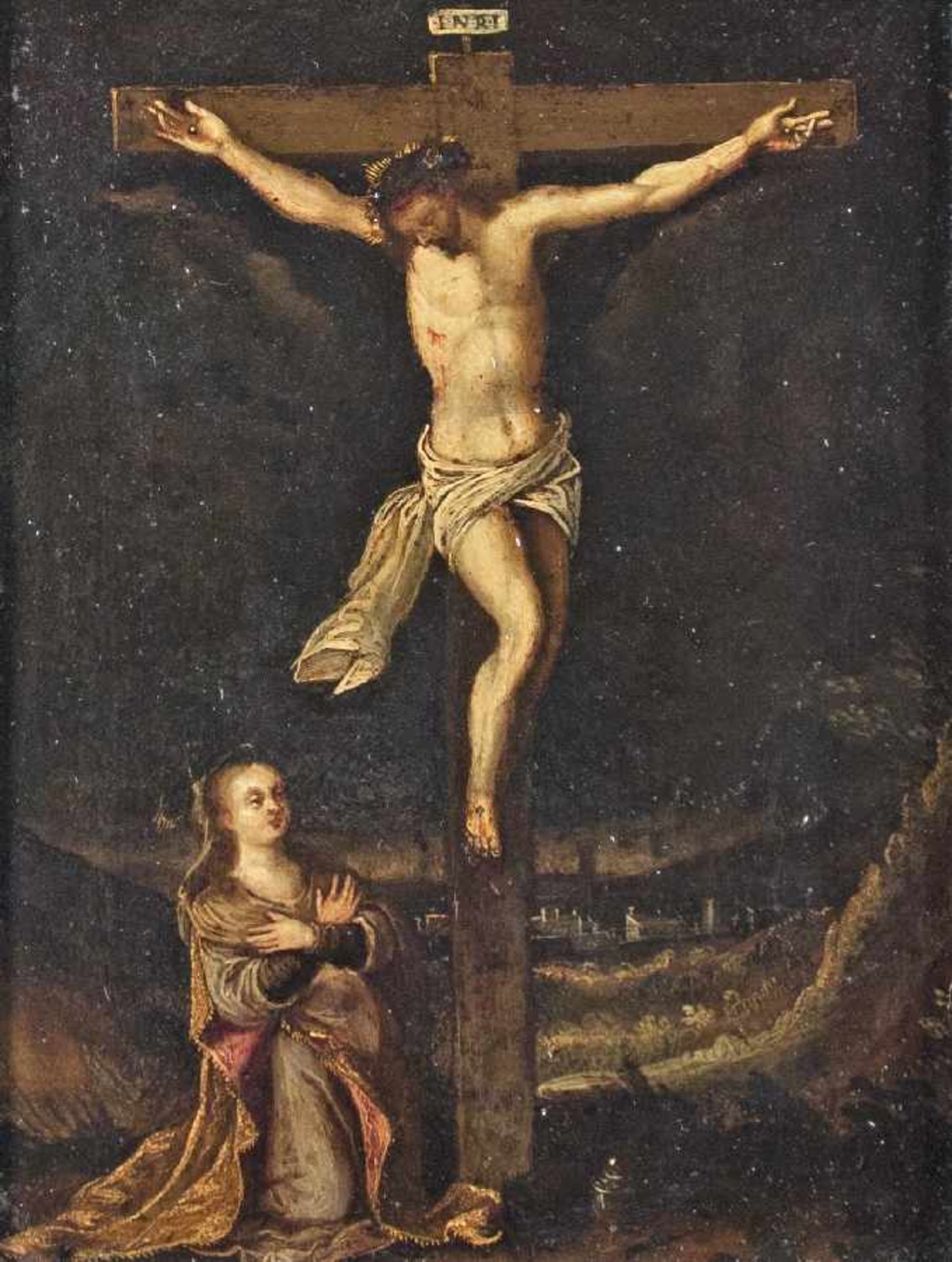 Maler des 17. Jh. Maria kniet unter dem Kreuz Öl auf Kupfer; H 20 cm, B 15 cm Painter of the 17th