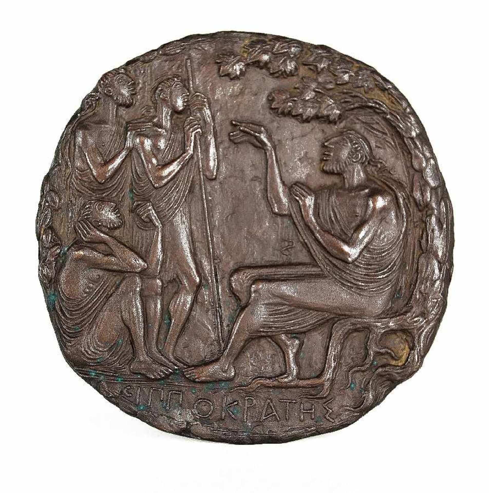 Fritz Nuss 1907 - 1999 Hippokrates Bronzerelief; H 16,5 cm, B 16,5 cm; bezeichnet "Nuss 80"; verso