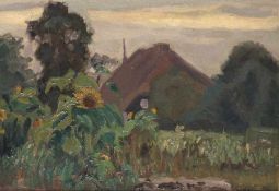 Theodor Schultze-Jasmer 1888 - 1975 Abendstimmung am Bauerngarten Öl auf Malkarton; H 25 cm, B 35