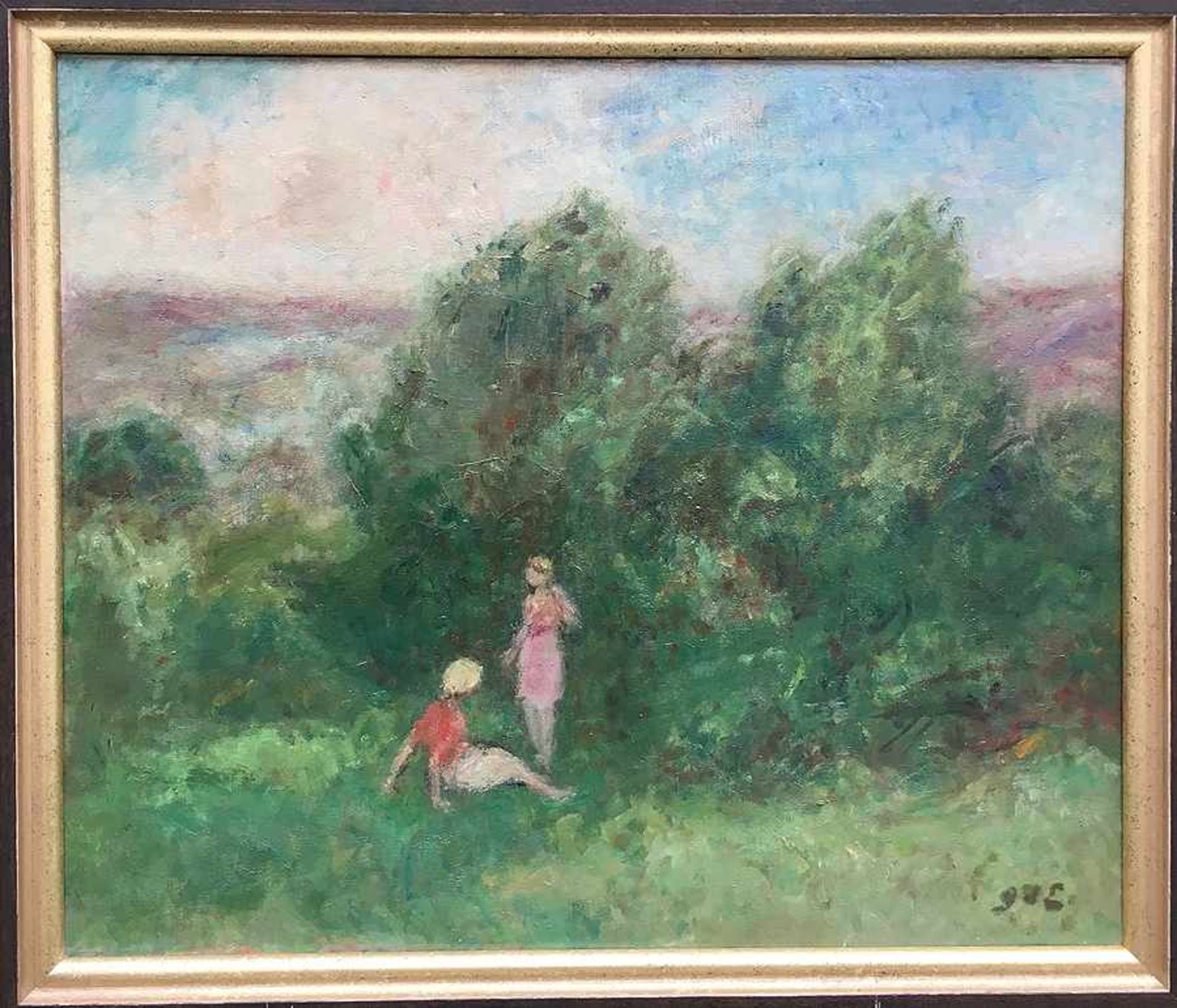 Georges d' Espagnat Paris 1870 - 1950 Zwei Mädchen in Sommerlandschaft Öl auf Lwd; H 55 cm, B 65 cm;