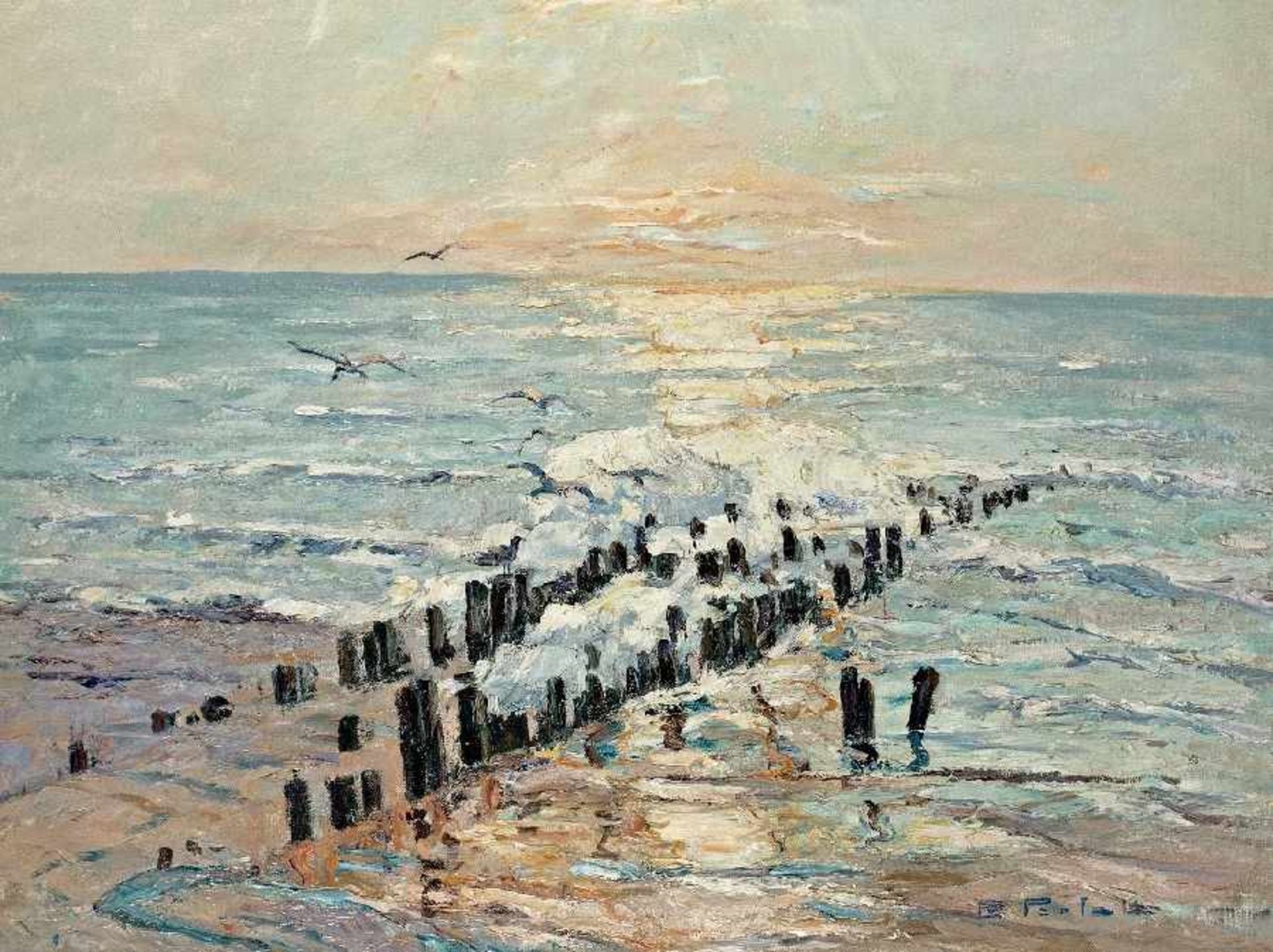 Erich Freiherr von Perfall 1882 - 1961 Düsseldorf Sonnenuntergang an der Nordsee Öl auf Lwd; H 53,