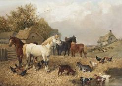 J. F. Herring Englischer Maler um 1900. Pferde, Ziegen und Federvieh auf der Weide Öl auf Holz; H