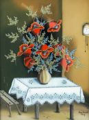 Ana Bocak Blumen in der Stube Hinterglasmalerei; H 48,5 cm, B 37 cm; signiert und datiert u. r. "Ana