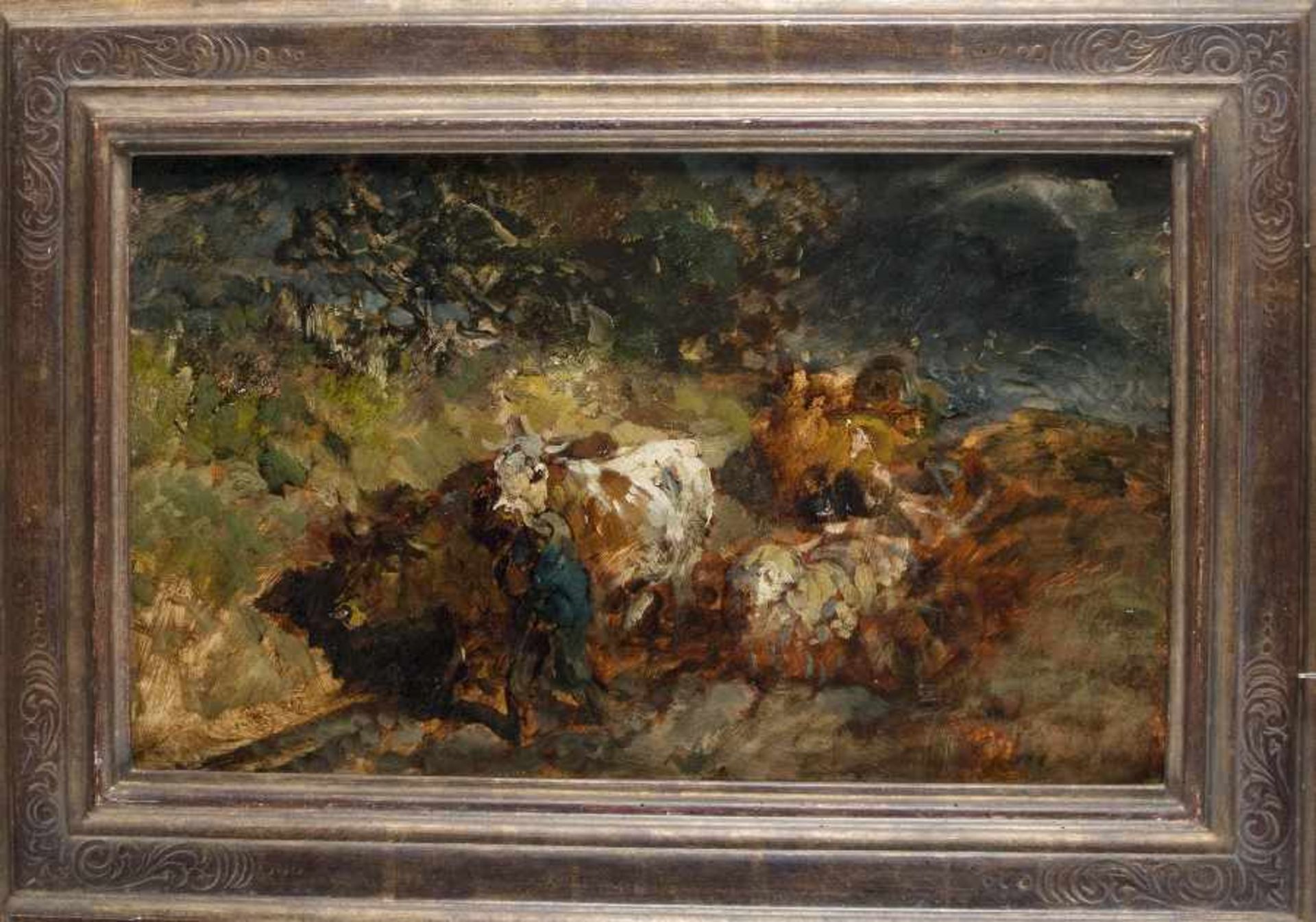Heinrich Johann von Zügel 1850 - 1941 Vom Gewitter überraschte Tiere Öl auf Holz; H 26,5 cm, B 43, - Bild 3 aus 3