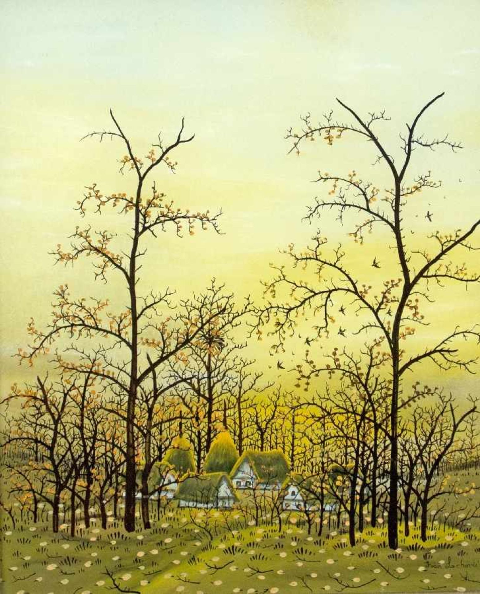 Ivan Lackovic 1932 Batinska-Podravina - 2004 Herbstliche Dorflandschaft Hinterglasmalerei; H 34