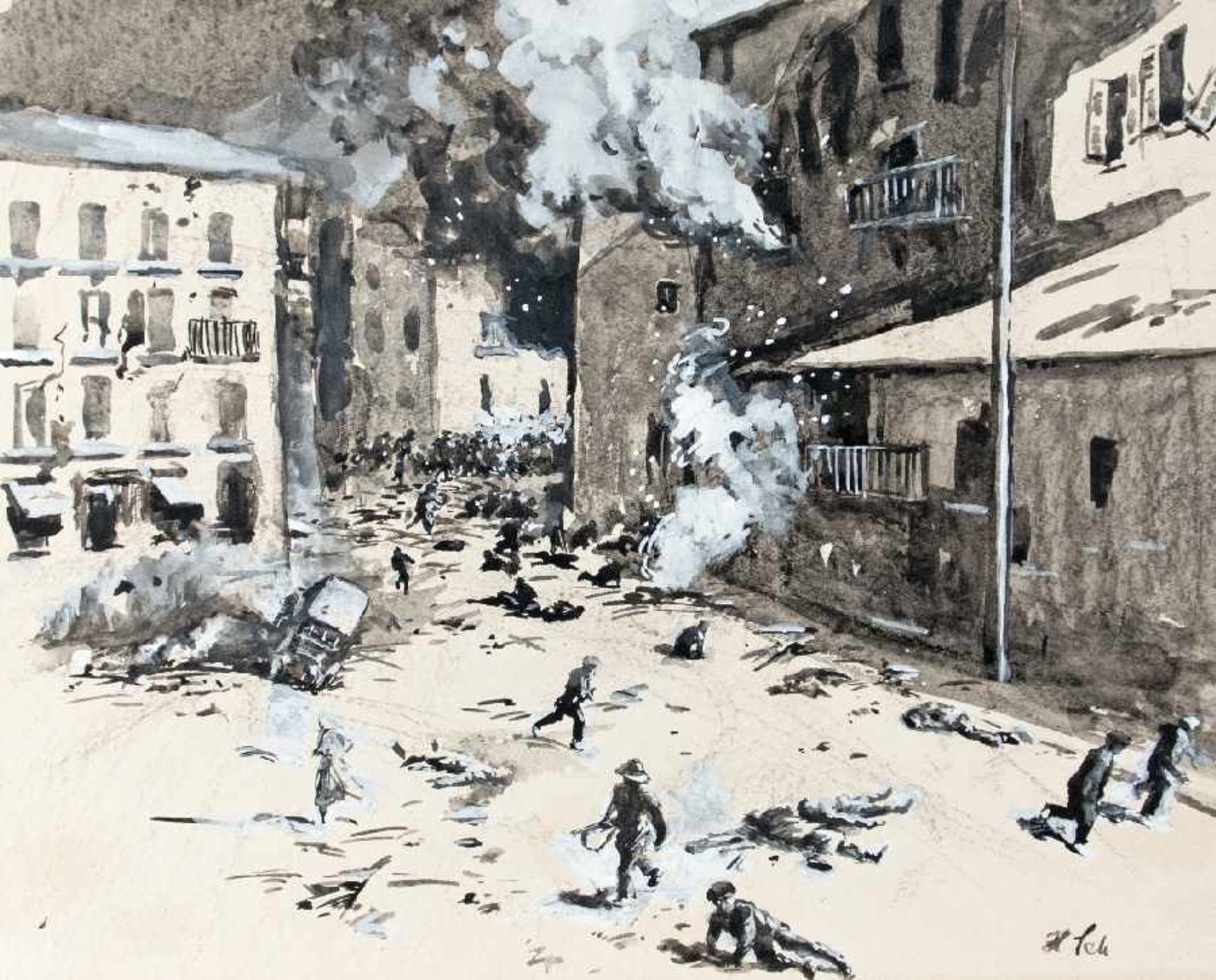 Hermann Scheffler 1879 Berlin Maler und Graphiker. Erscheinung am Lagerfeuer, Schlacht in der - Bild 2 aus 10