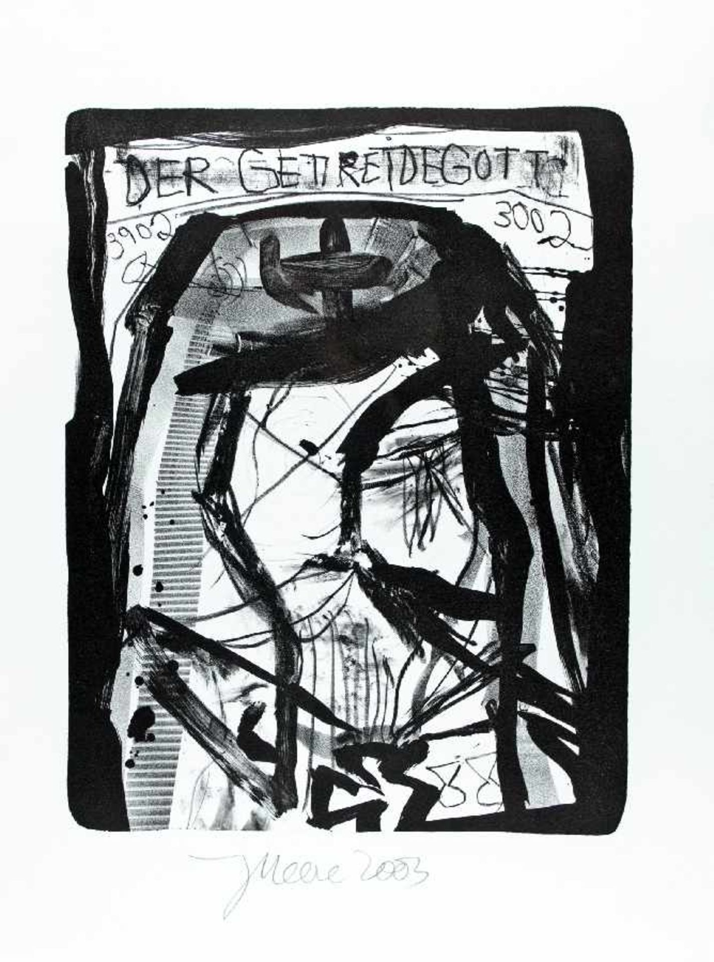 Jonathan Meese 1970 Tokyo Deutscher Maler und Performancekünstler. Getreidegott Lithografie auf