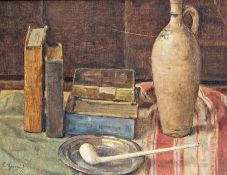 Albert Henrich Düsseldorf 1899 - 1971 Stilleben mit Büchern, Pfeife und Zinnschale Öl auf Lwd; H