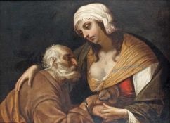 Maler des 17. Jh. Junge Frau mit Gefangenem Öl auf Lwd, doubliert; H 90 cm, B 123 cm Painter of