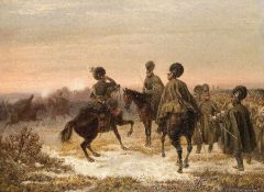 Wilhelm Emele 1830 - 1905 Kavalleristen Öl auf Lwd, doubliert; H 34 cm, B 45,5 cm; signiert u. r. "