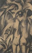 Rheinischer Expressionist Paradiesische Szene mit Akten und Papagei Kohle auf Papier; H 350 mm, B