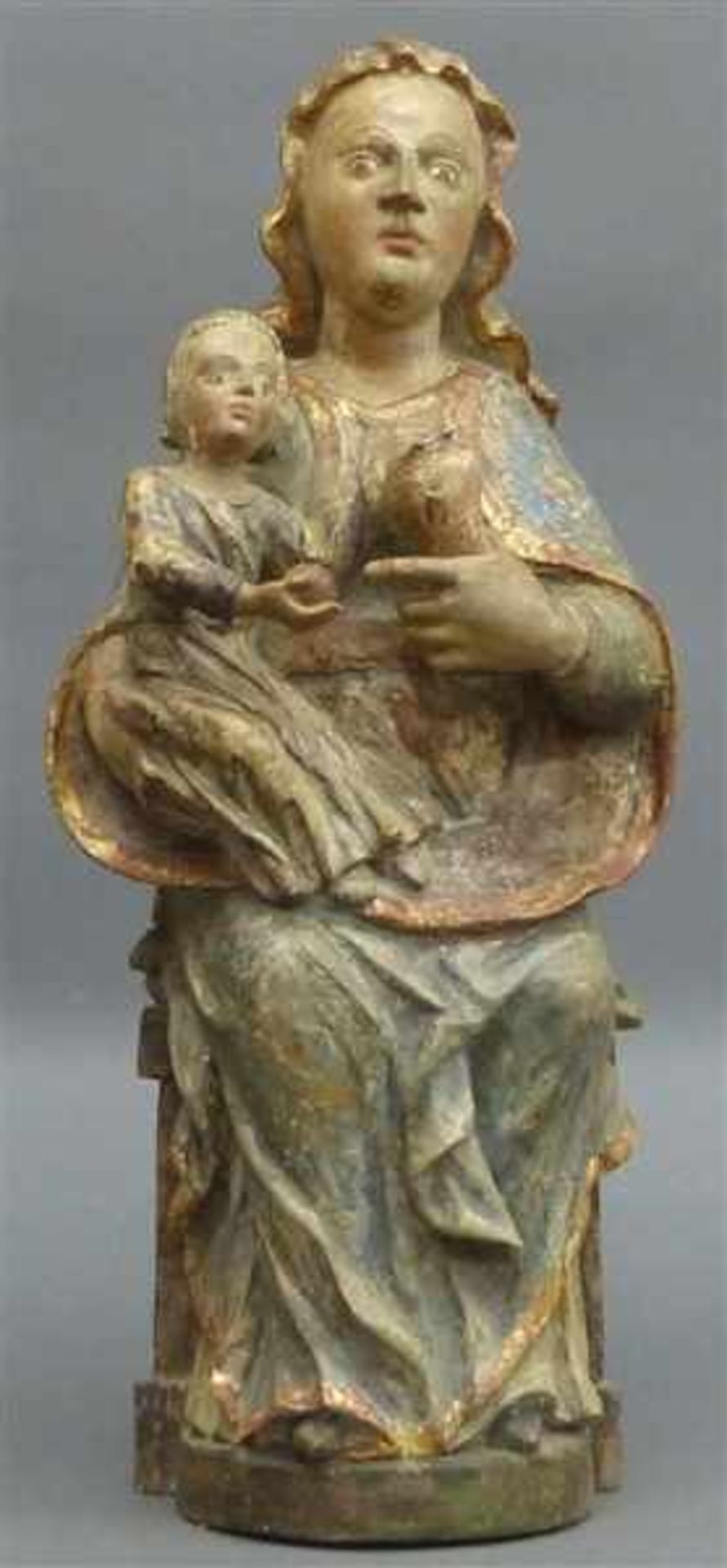Holzskulptur 18./19. Jh., gefasst, Fassungsschäden, Madonna mit Jesuskind, h 55 cm,