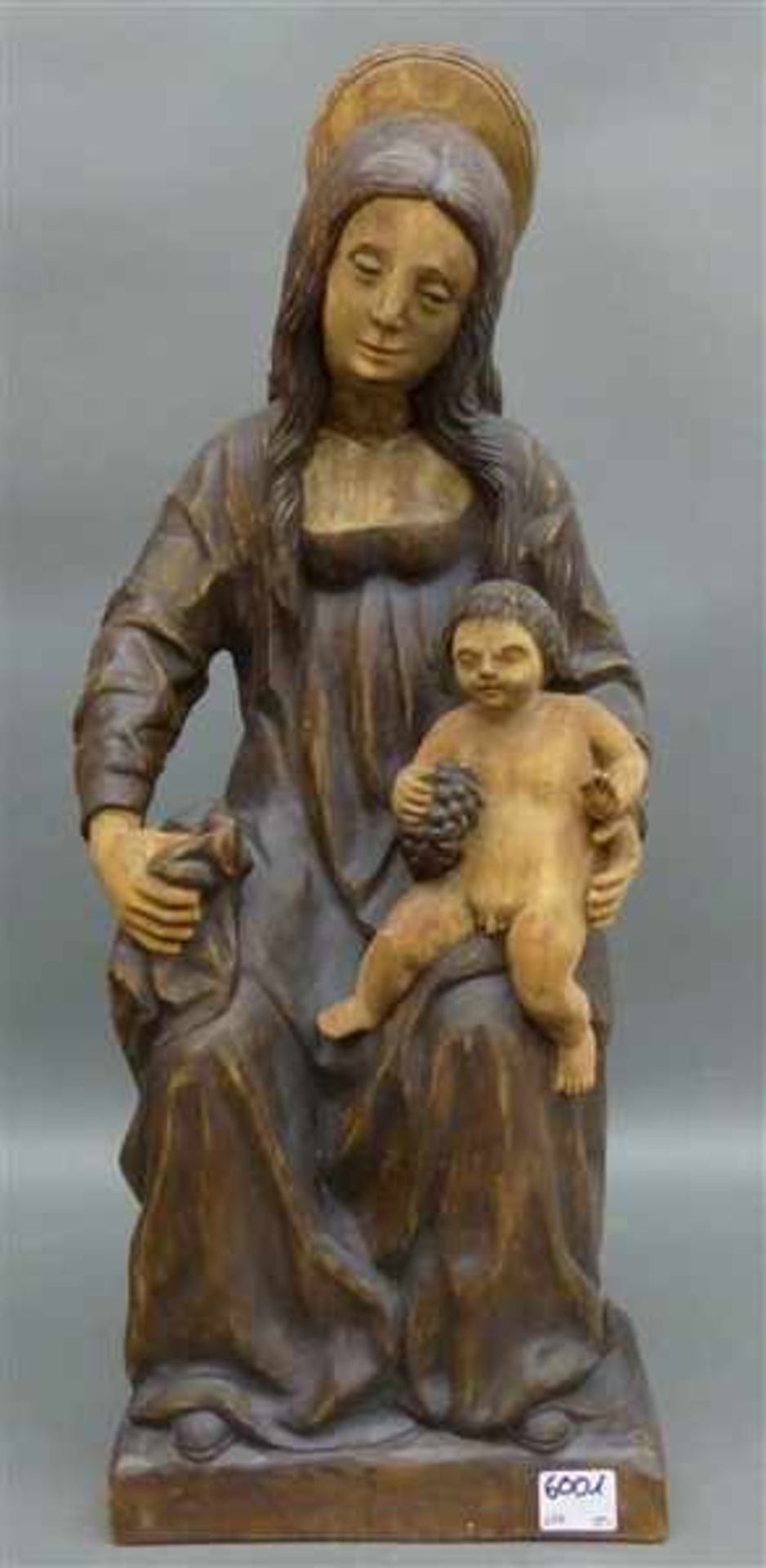 Holzskulptur natur, Madonna mit Jesuskind, um 1900, bäuerliche Auffassung, gehölt, h 46 cm,