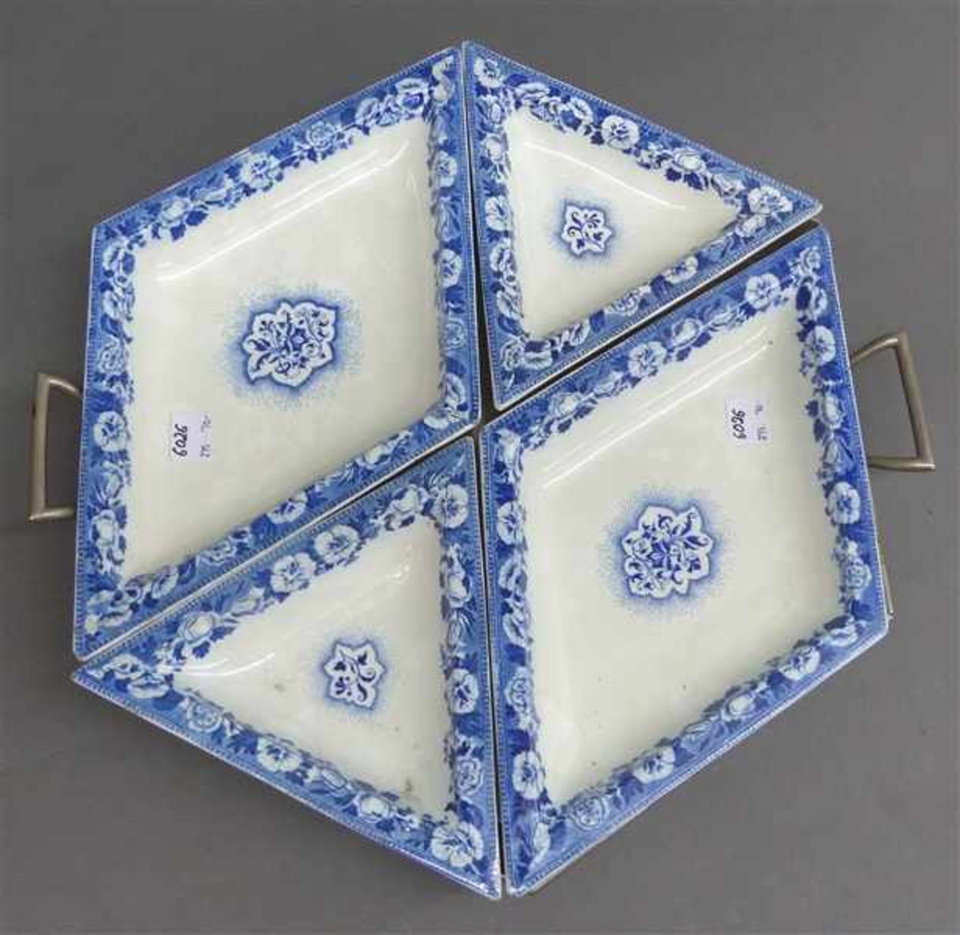 Anbietschale Metalltablett, 4 Keramikeinsätze, blaues florales Dekor, gemarkt "Zell", 6-eckig, d