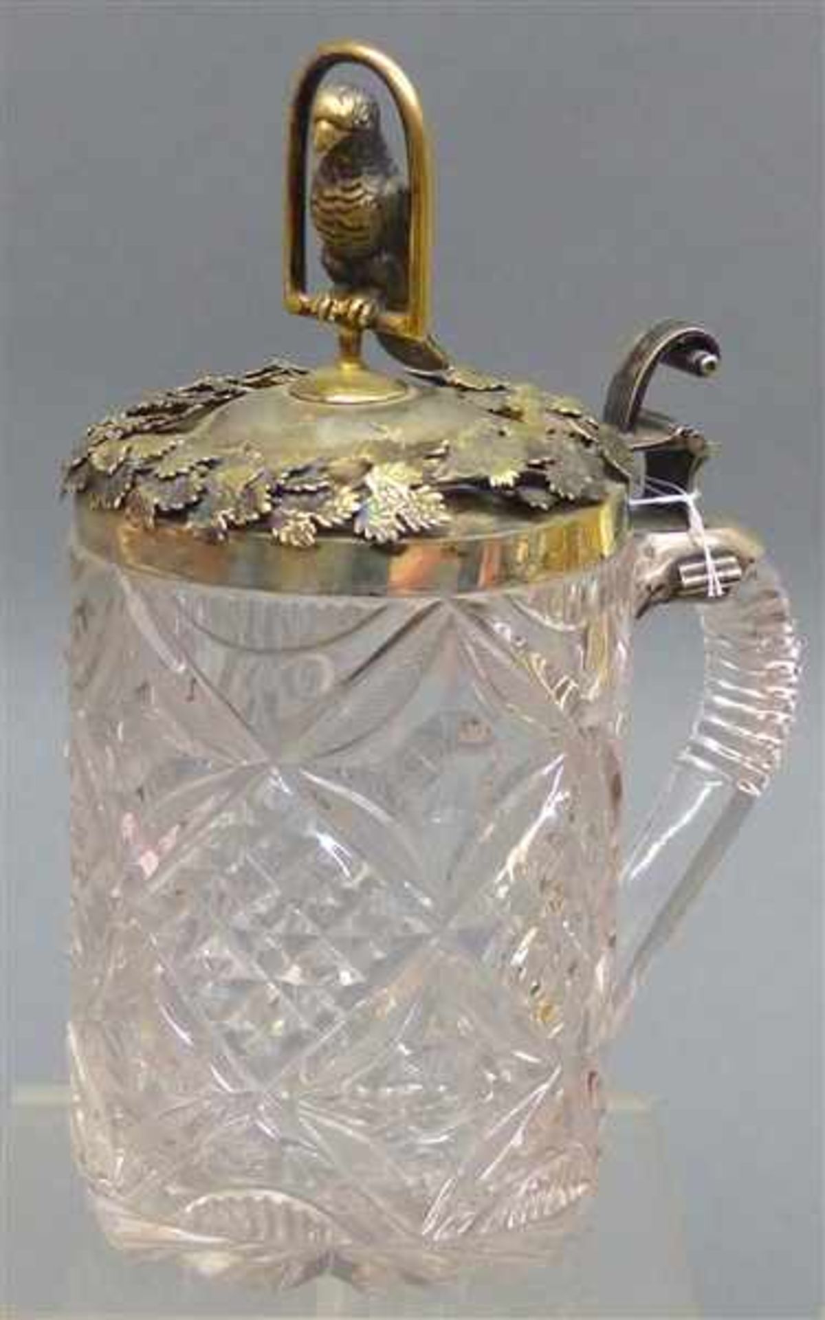 Augsburger Zierkrug Henkelkrug, farbloses Glas, beschliffen, Augsburger Silberdeckel, von Johann