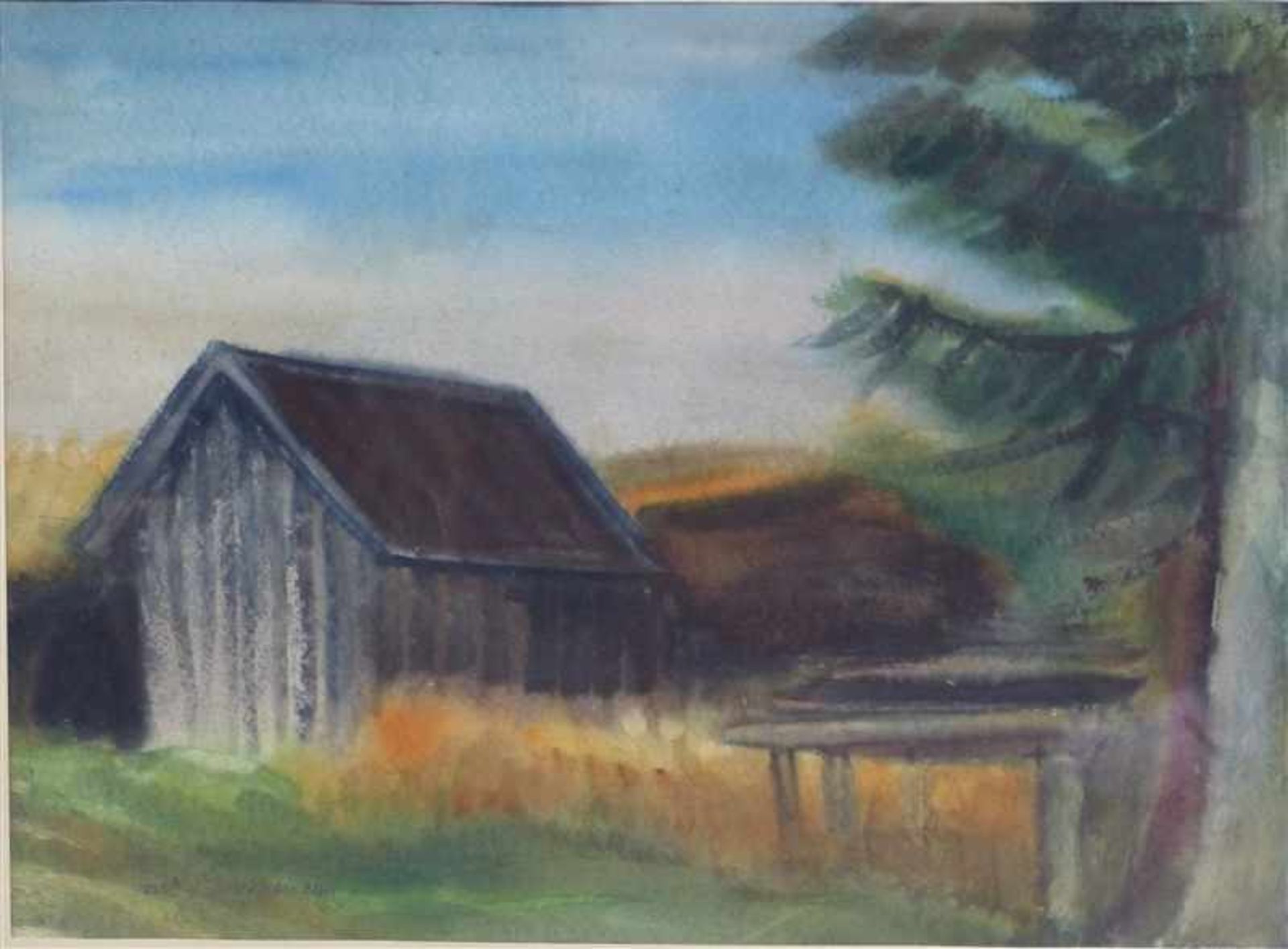 Zimmermann, Ernst Pastellmalerei, Hütte am Kornfeld neben einem Tannenbaum, links unten signiert, 37