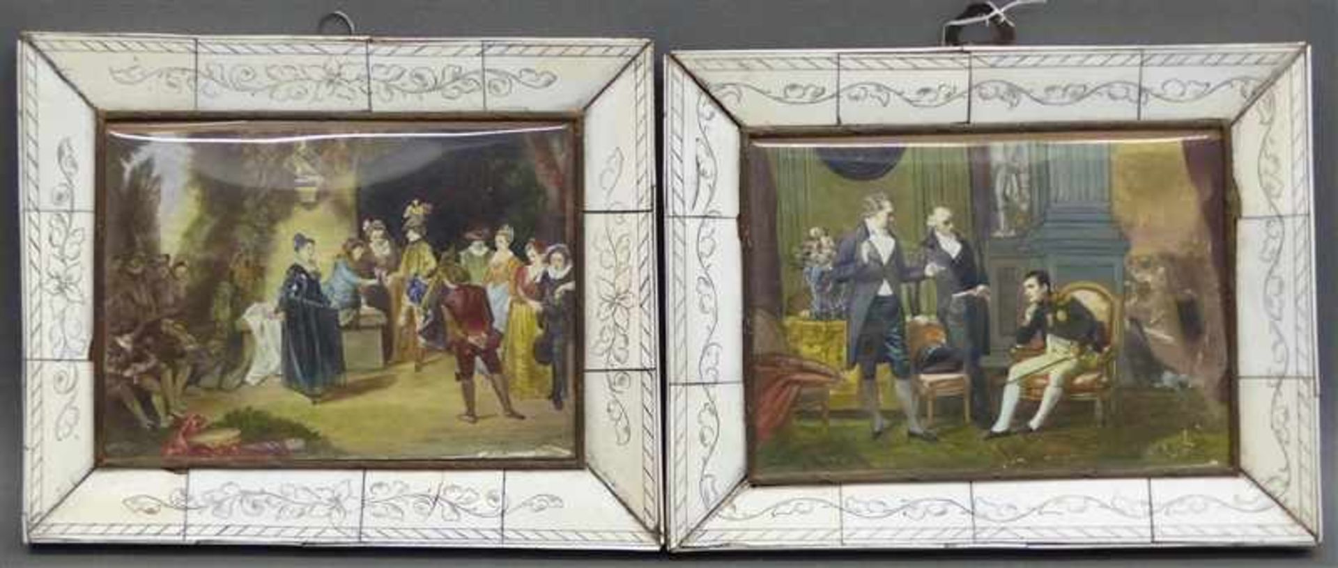Paar Miniaturen Historische Szenen mit Personen, je 10x14 cm, im Elfenbeinrahmen, um 1940,