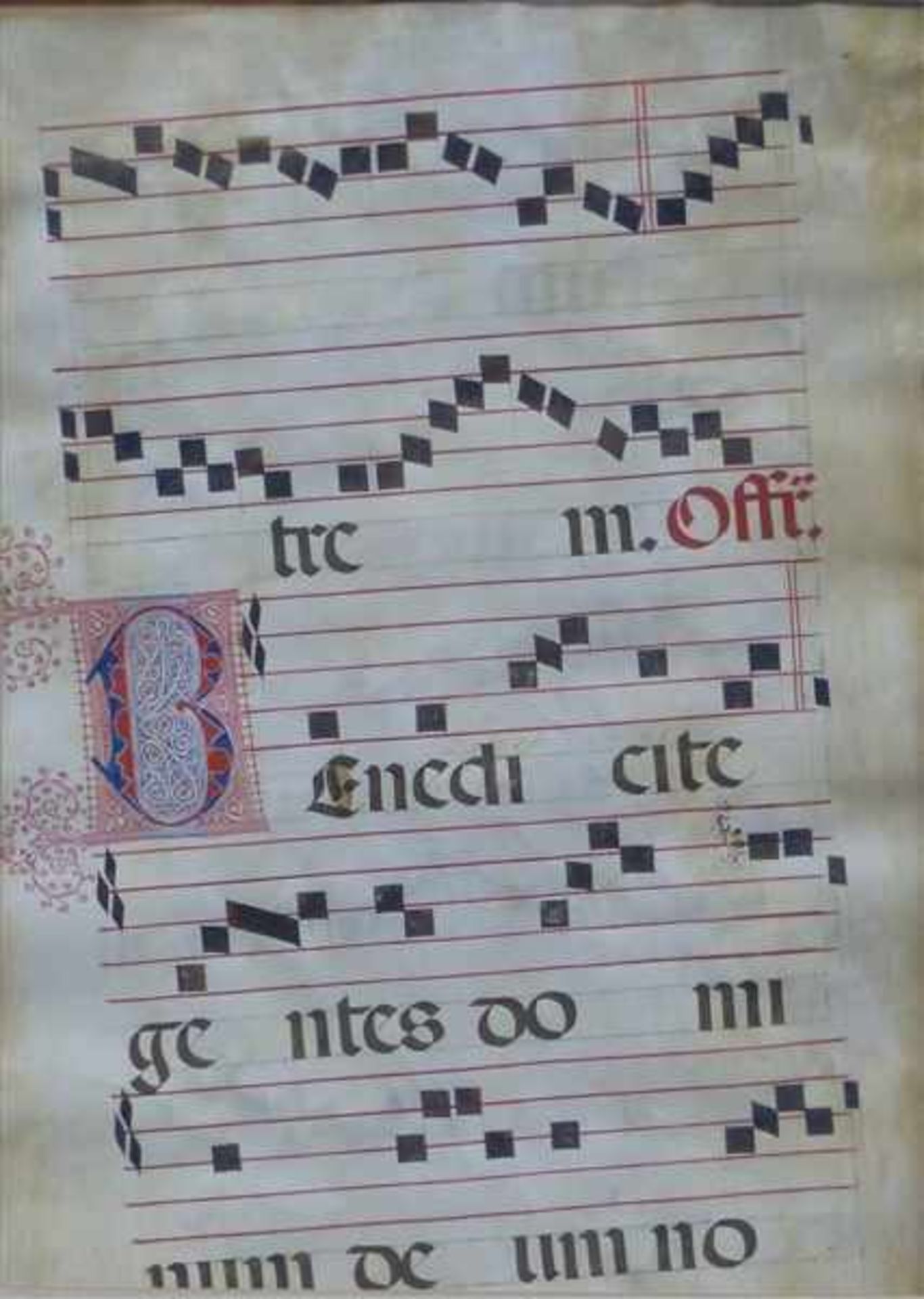 Inkunabel 16./17. Jh., Pergament, Buchseite aus einem kirchlichen Gesangsbuch, 59x44 cm, im Rahmen,