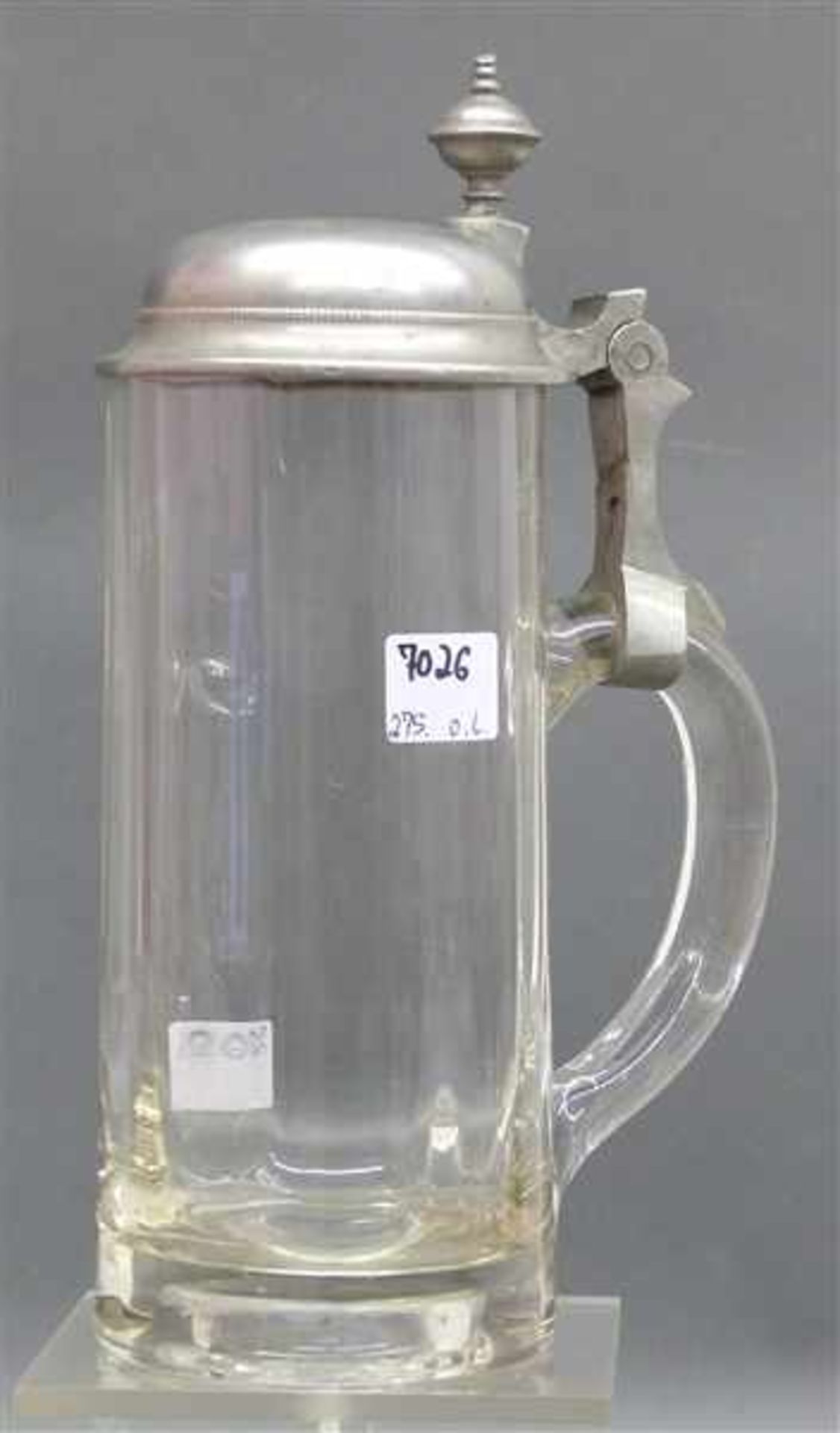 Bierkrug um 1900, farbloses Glas, mit Zinndeckel, 1/2 ltr., h 22,5 cm,