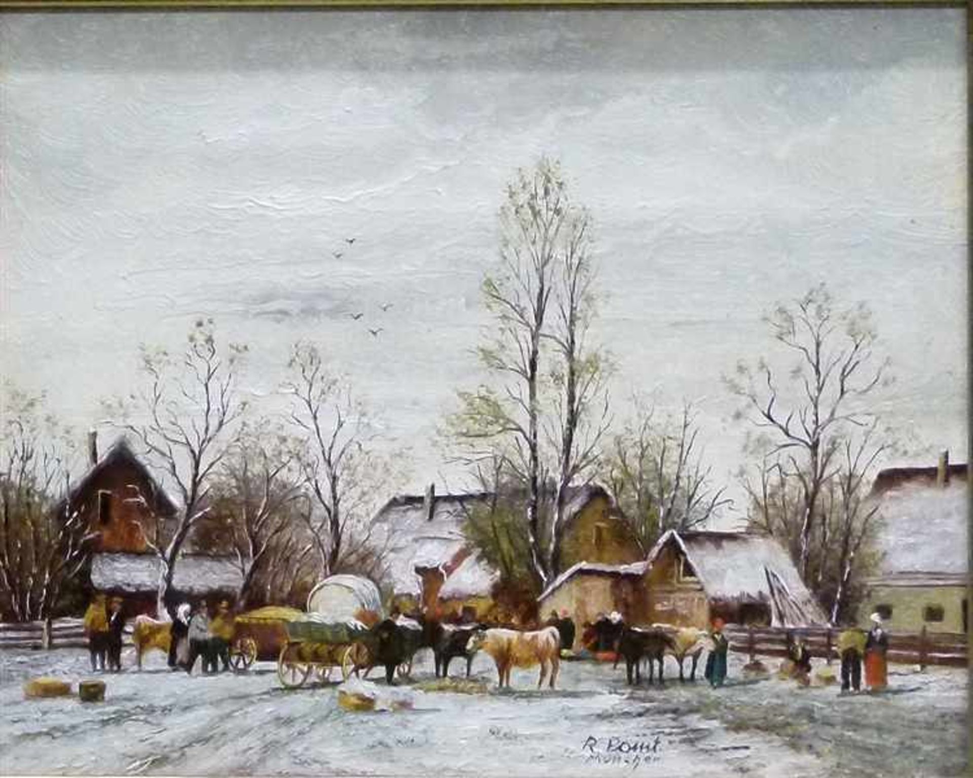 Point, Rudolf Augsburg 1927-2015, Öl auf Holz, winterlicher Viehmarkt im Dorf, rechts unten
