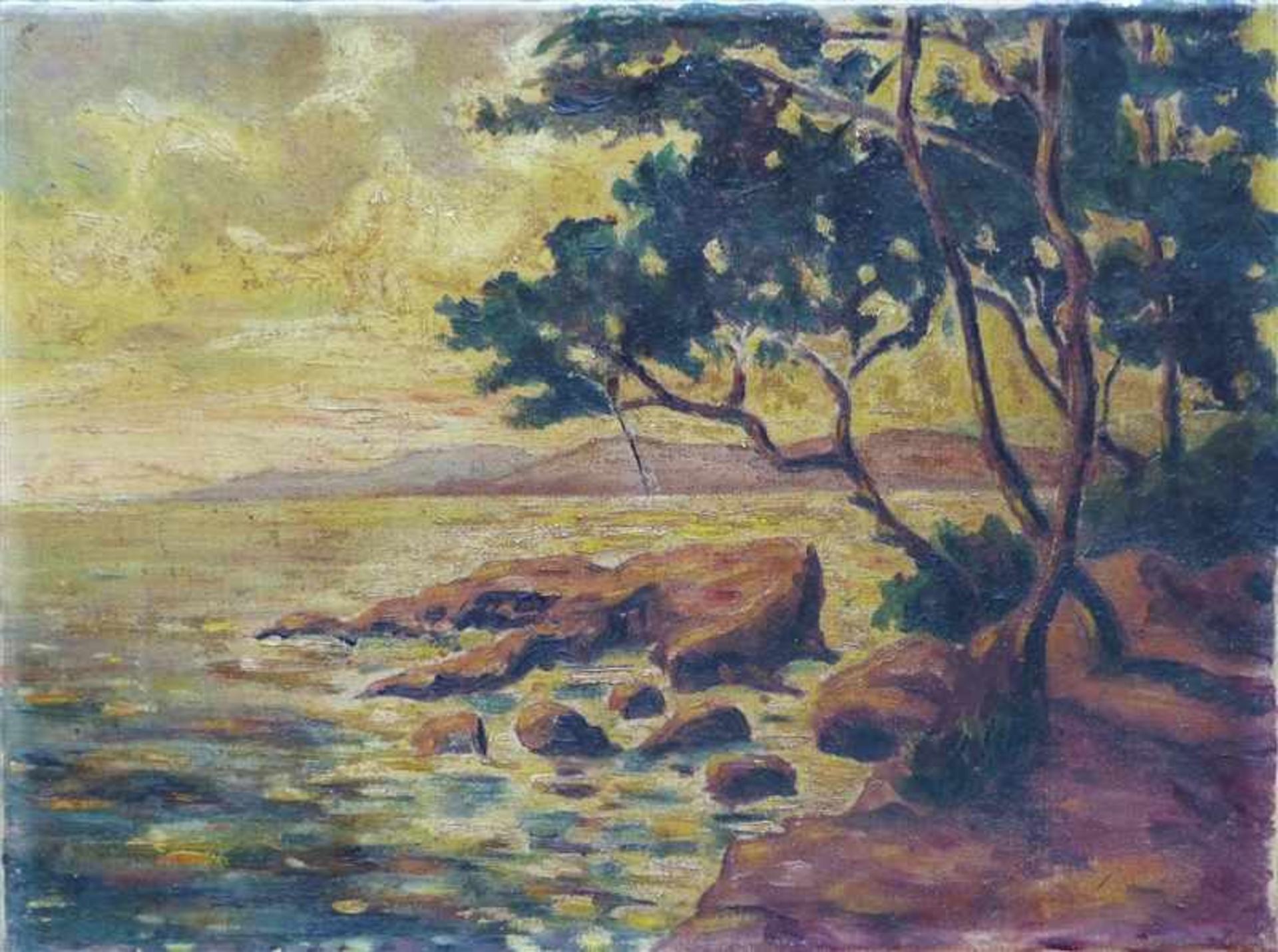 Unbekannt, um 1900 Öl auf Leinen, italienische Uferlandschaft mit Bäumen, beschädigt, 46x60 cm,
