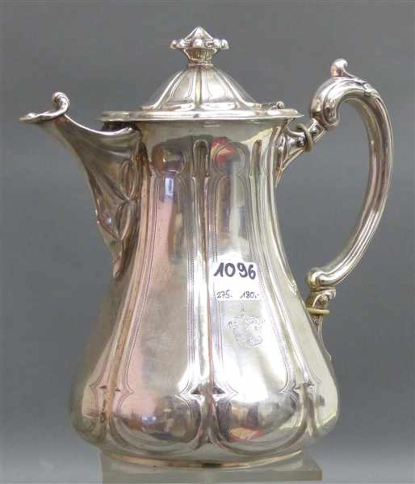 Kaffeekanne Silber, barocke Form, punziert, Fa. Wilkens, um 1900, Adelswappen, h 21 cm, 450 g