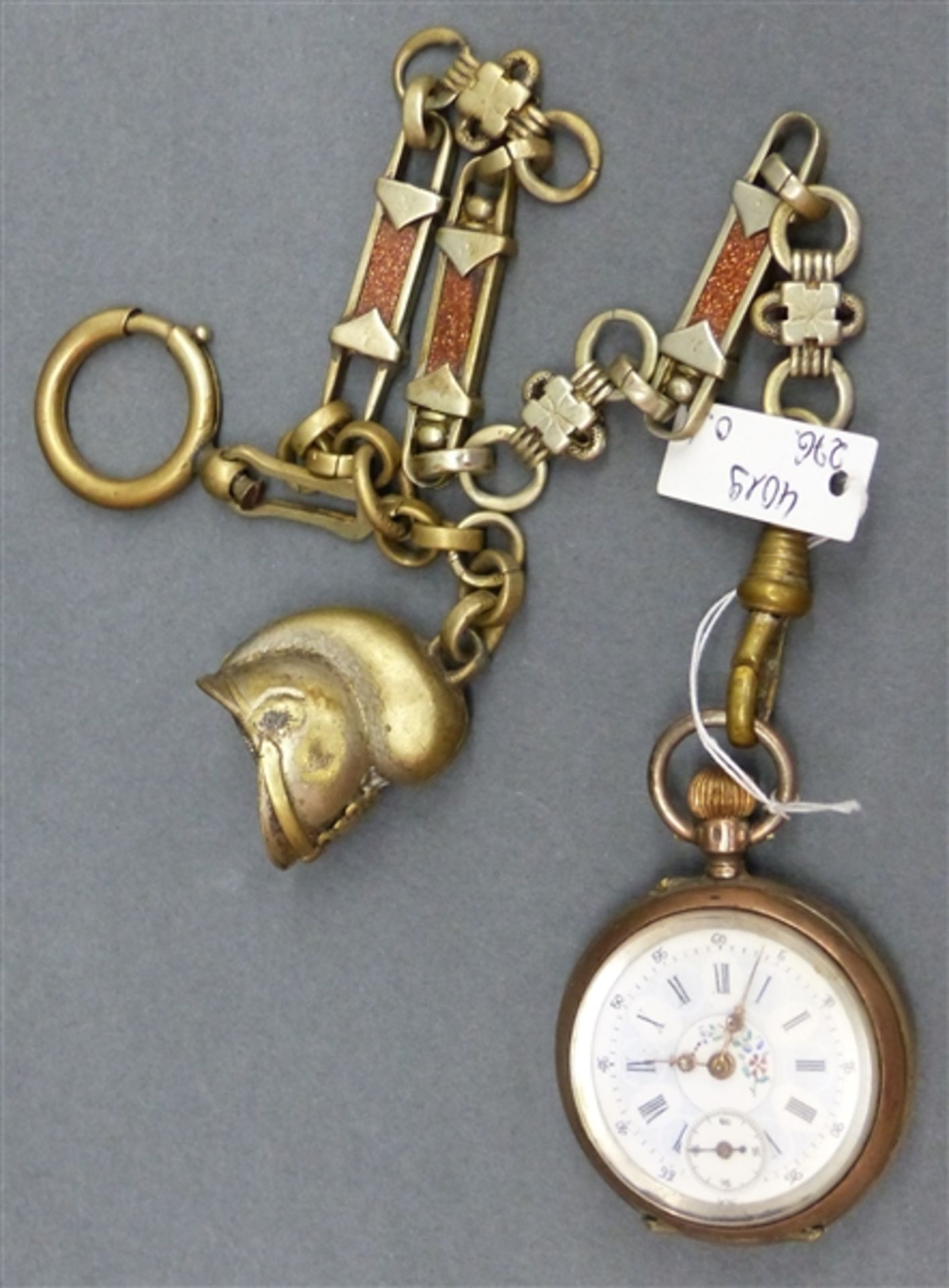 Damentaschenuhr mit Kette, Silbergehäuse, Kronenaufzug, defekt, Kette unedel,