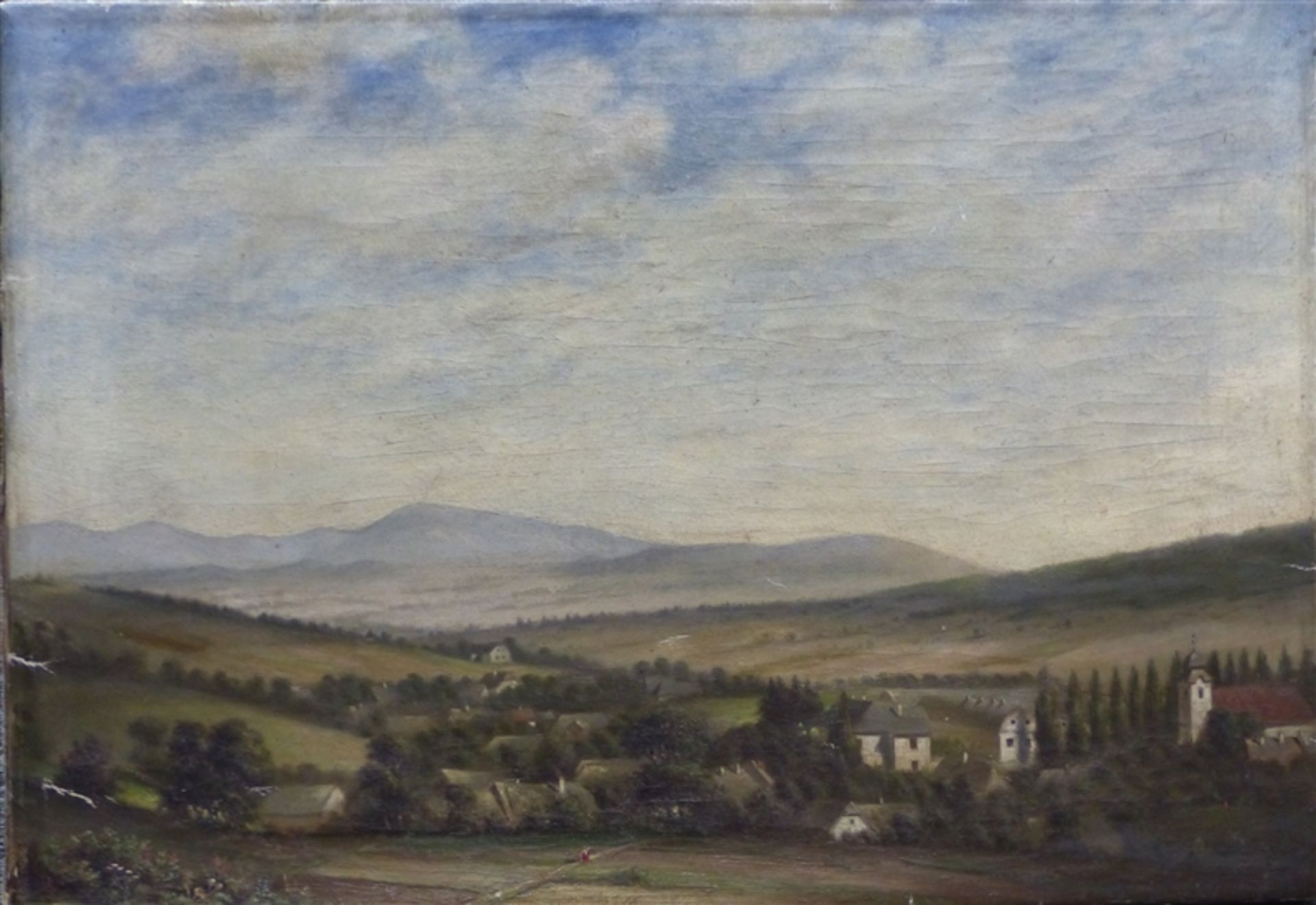 Landschaftsmaler, 20. Jh. Öl auf Leinen, Sommerliche Landschaft mit Dorf, minim. beschädigt, 37 x 54