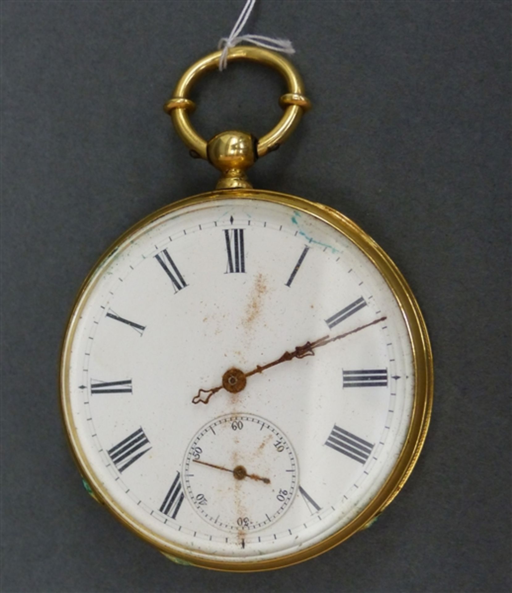 Taschenuhr 18 kt. Gelbgold, Ankerwerk mit Schlüsselaufzug, Rückdeckel graviert, gebläute