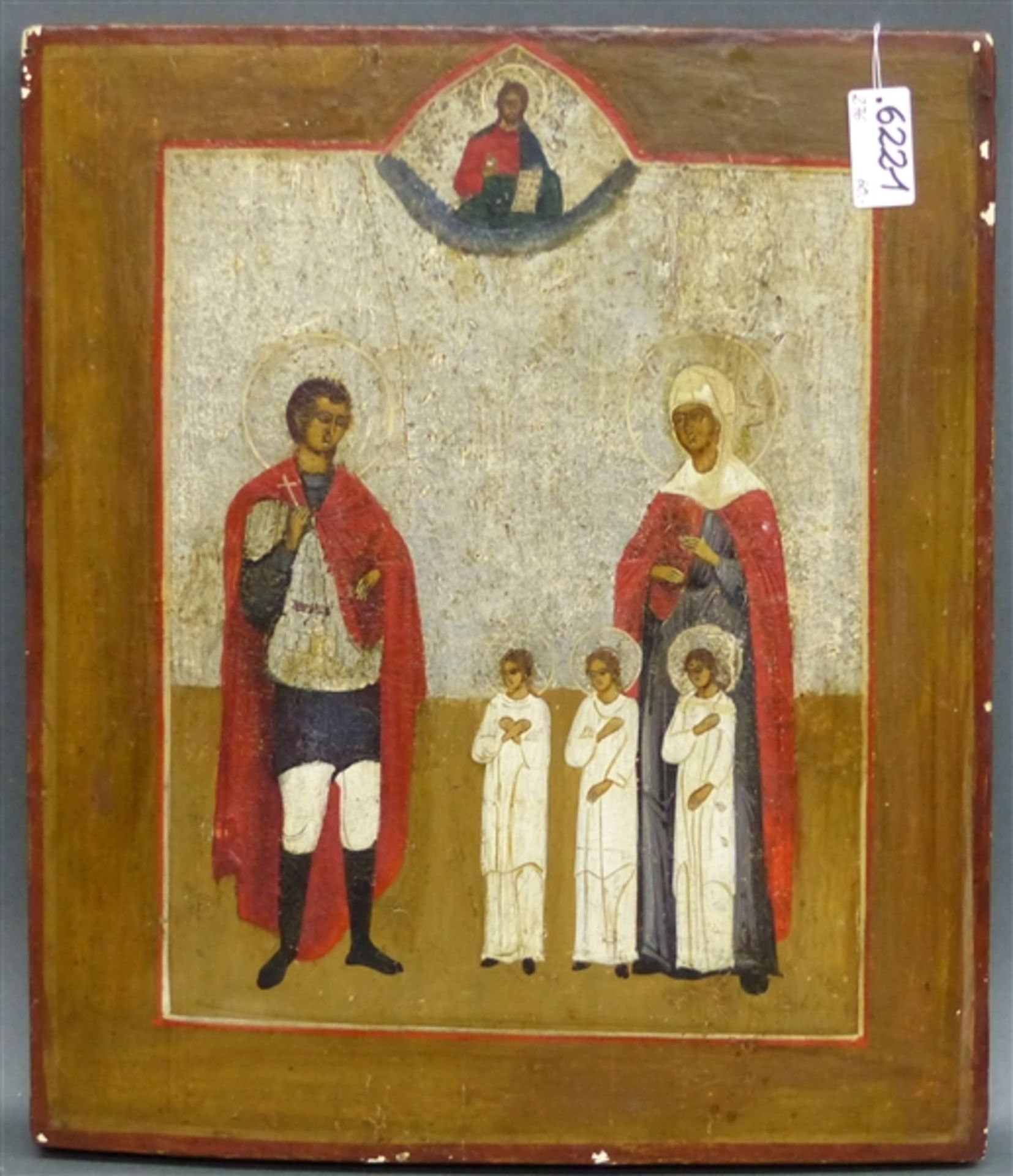 Ikone Russland, 19. Jh., verschiedene Heilige, mit Gottvater, Oklad fehlt, 31 x 27 cm,